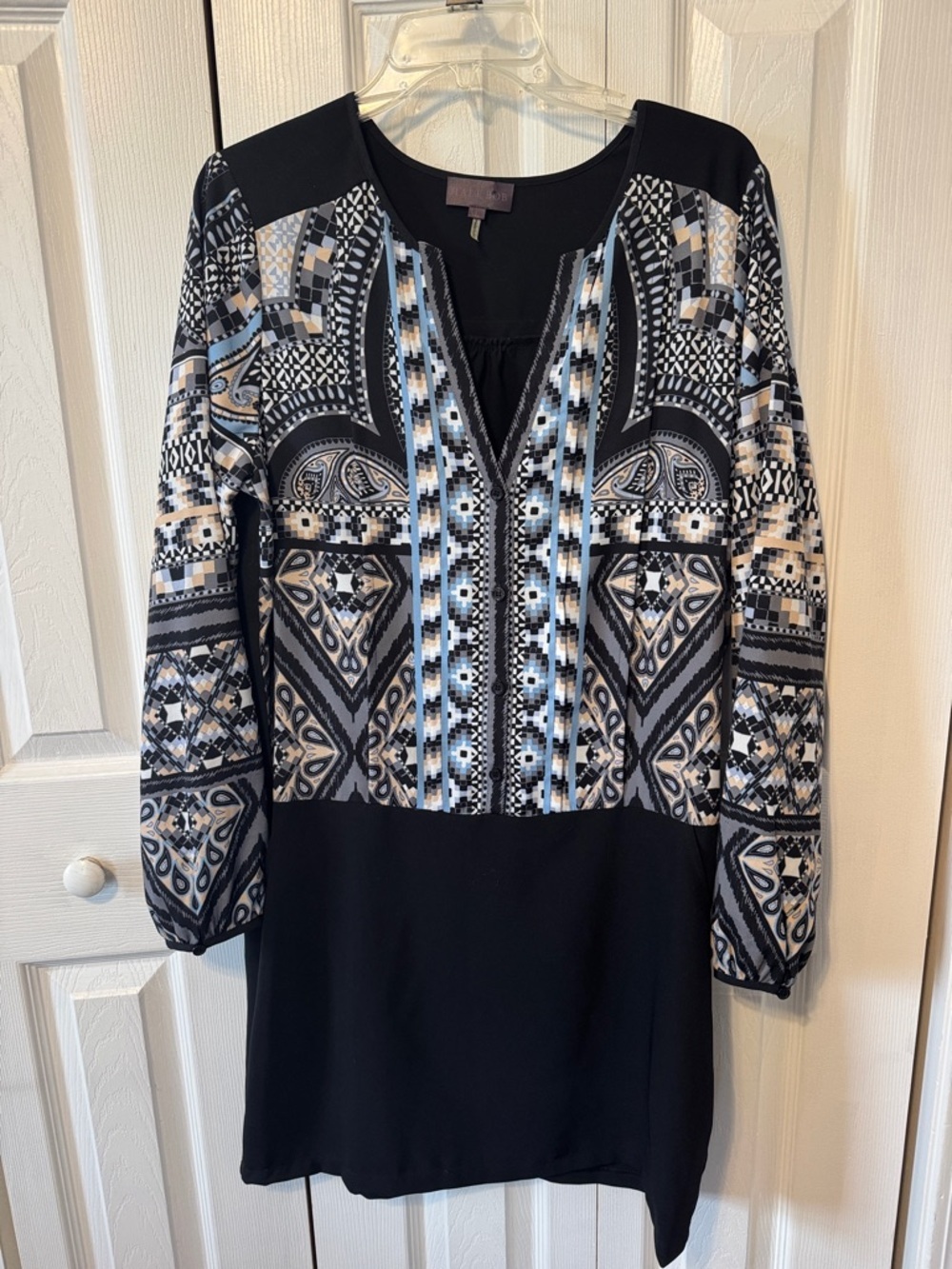 Hale Bob Black White Blue Tan Design Long Sleeve Pullover Dress Sz L Knee Length - Picture 2 of 16